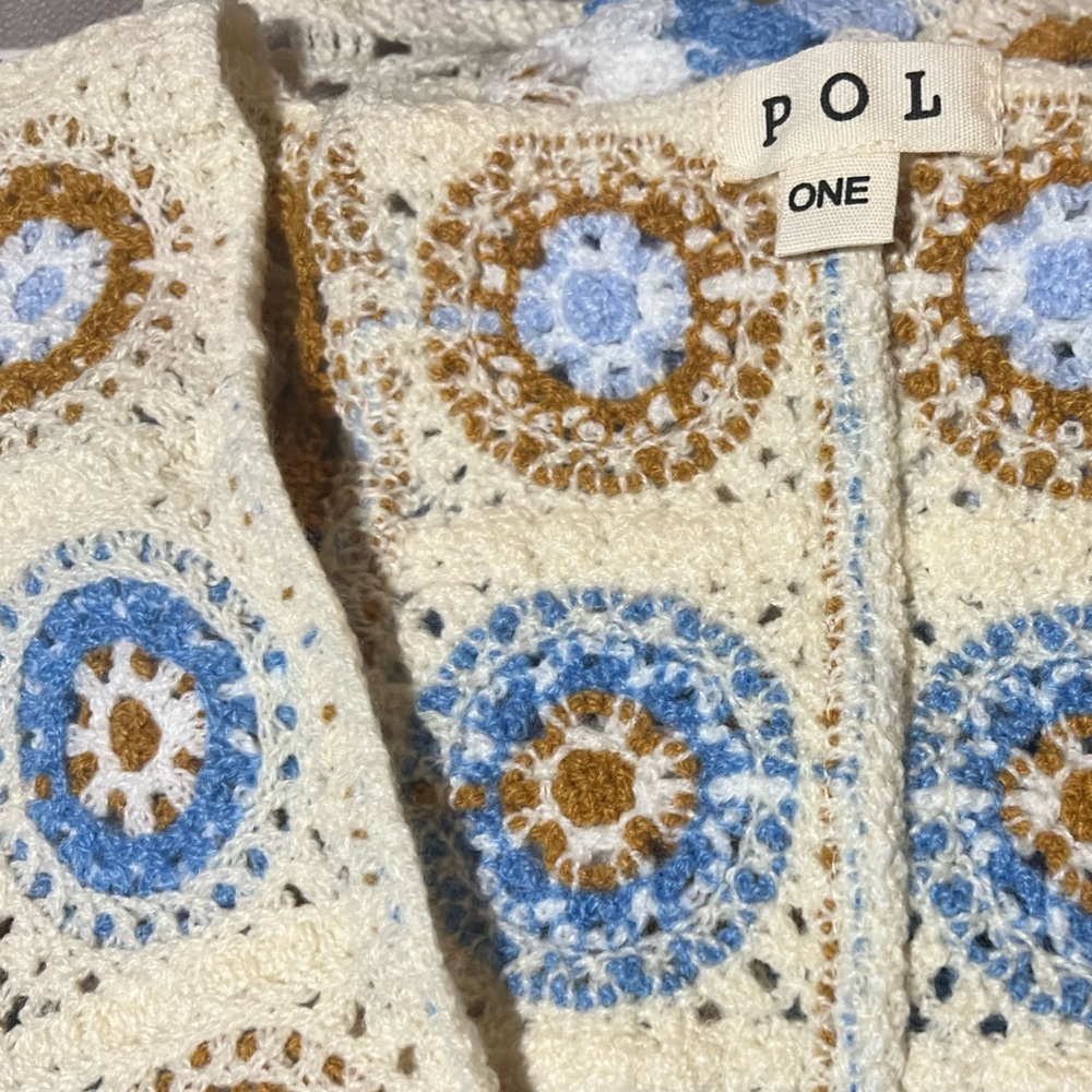 POL 🤩 Blue, Ivory, Brown Crochet Granny Square Open Knit Cardigan - Picture 5 of 8
